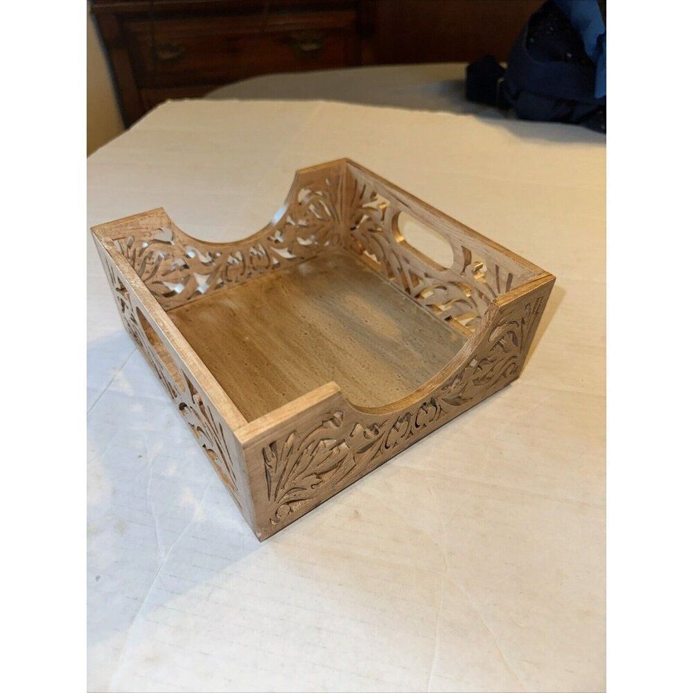 Handmade Napkin Holder Tray Laser Art Hand Carved Unique Wood